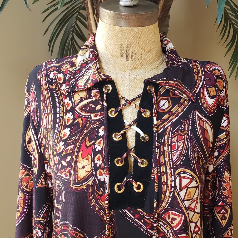 Vintage KARIN STEVENS 90's Y2K Fall Paisley Dress Lace Up Long Sleeve Size 12